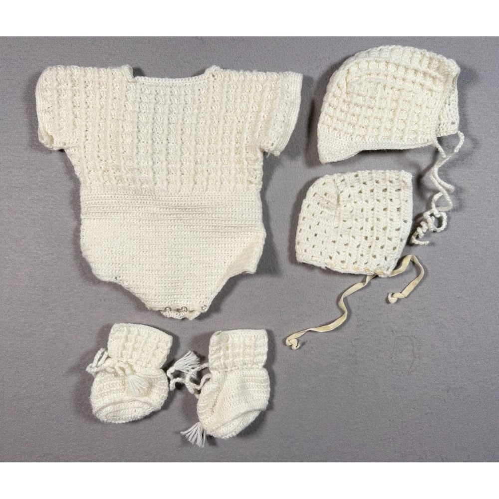 Homemade Baby Bodysuit - Booties & 2 Bonnets - White - Crochet - Grandma Made